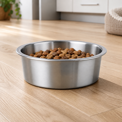 Bowl with a modest amount of dry kibble on wood floor